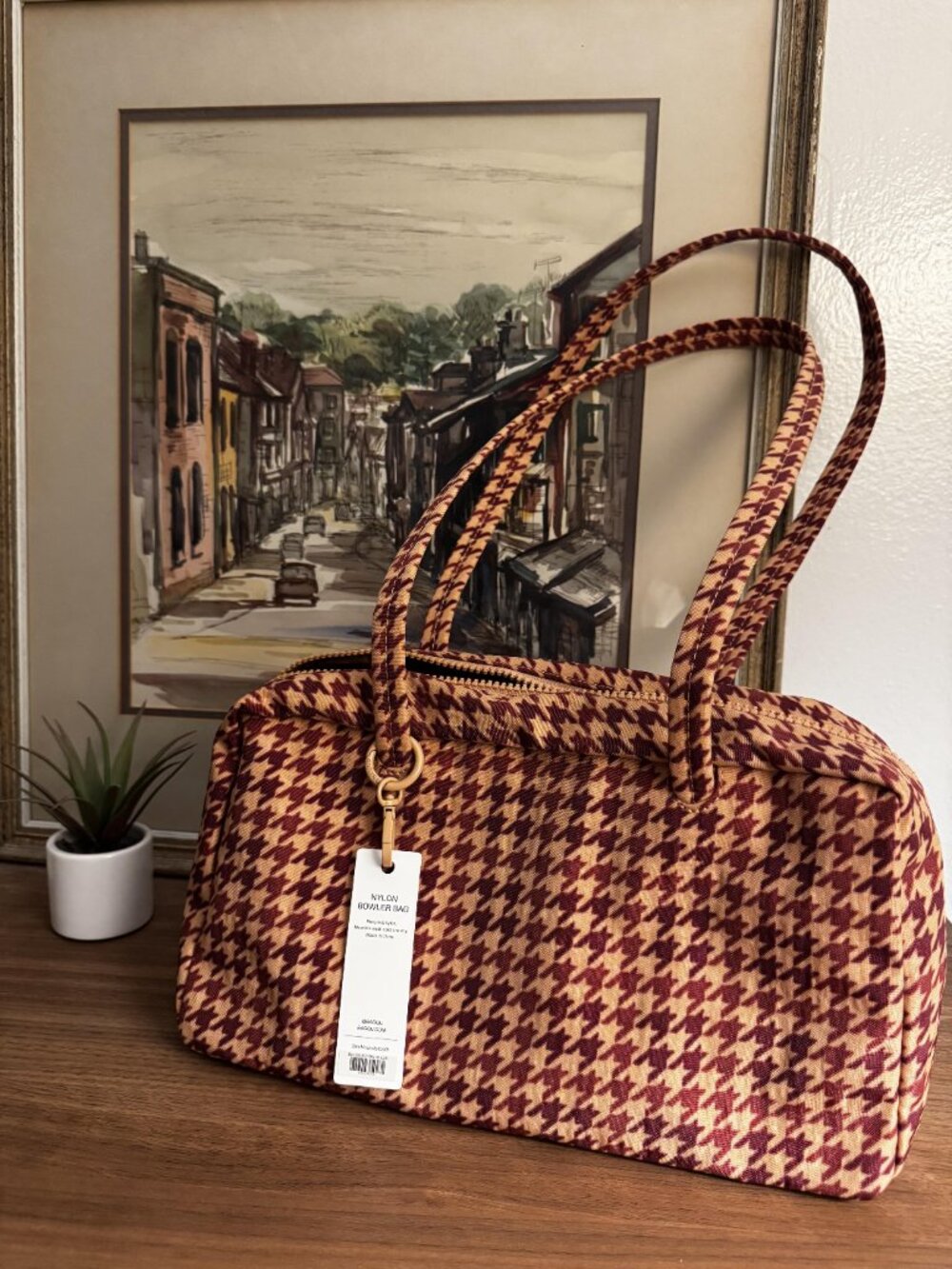 BAGGU Nylon Bowler Bag Tan Houndstooth Urban Outfitters Exclusive NWT